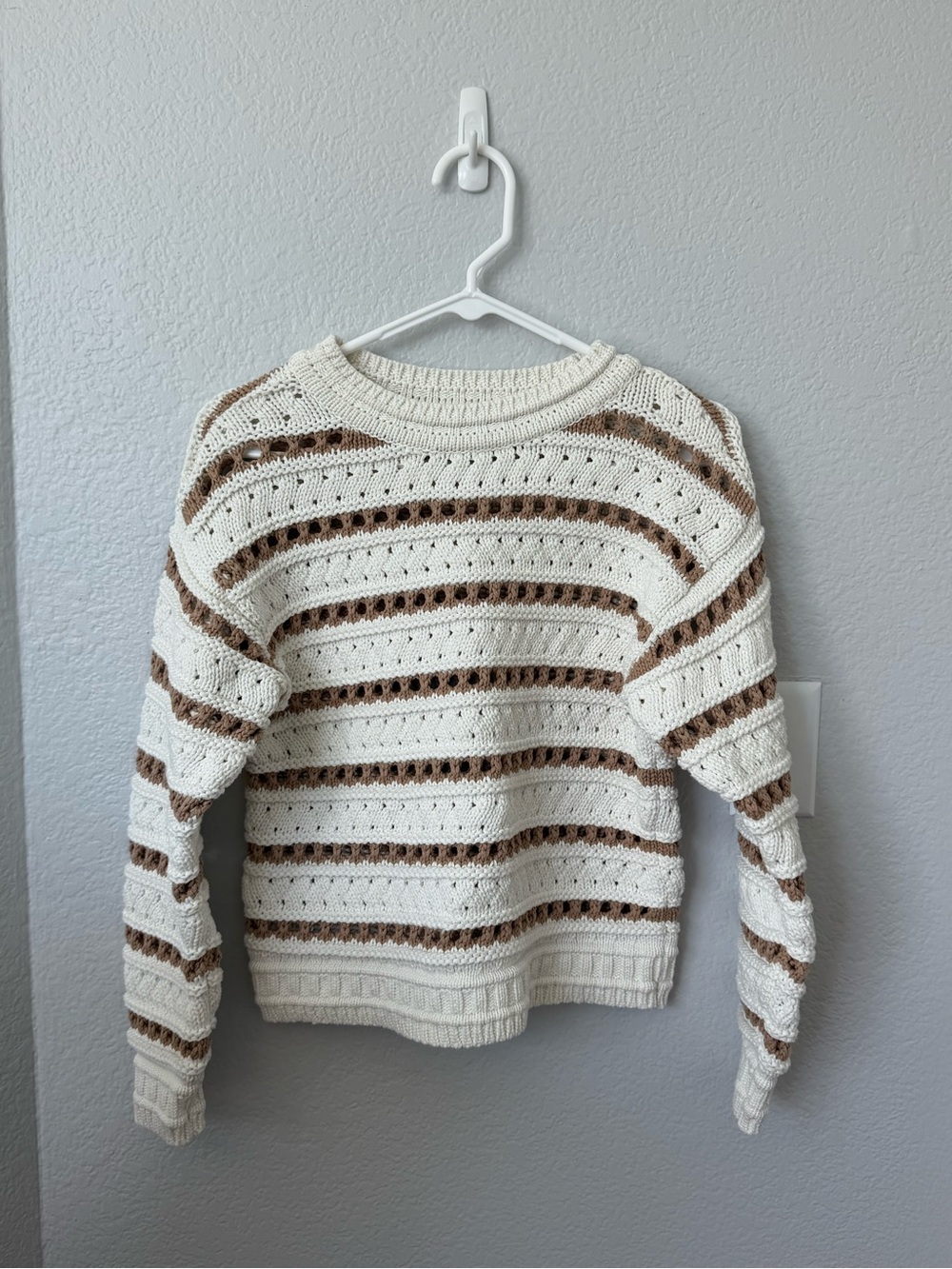 Ann Taylor Cream and Brown Striped Open-Knit Crew Sweater